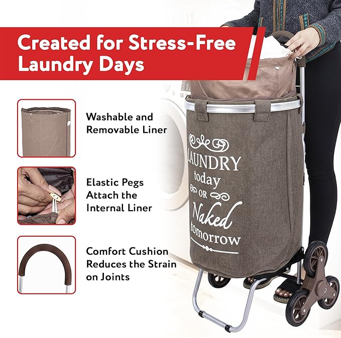 dbest products Stair Climber Laundry Trolley Dolly, Brown Laundry Bag Hamper Basket cart with wheels sorter