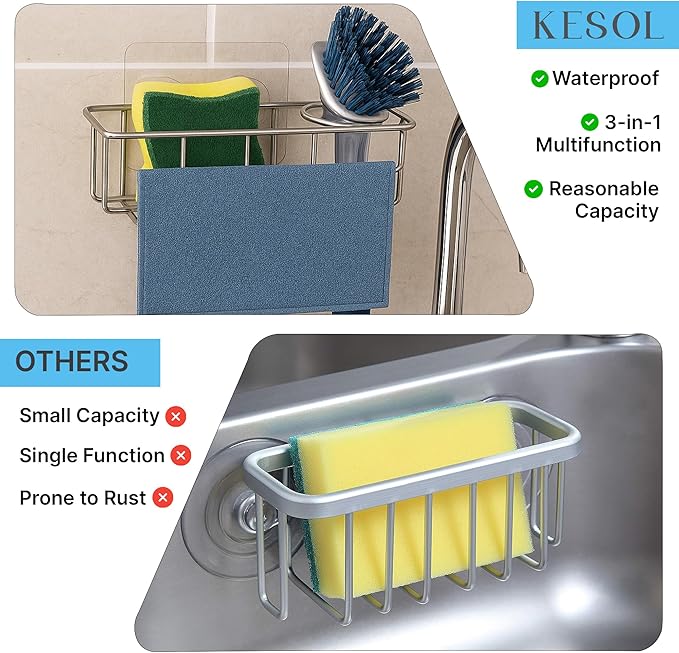 KESOL RustProof Sponge Holder Caddy for Kitchen, Stainless Steel Organizer, Brush Holder, 304 Accessories, Suction Cup + Adhesive