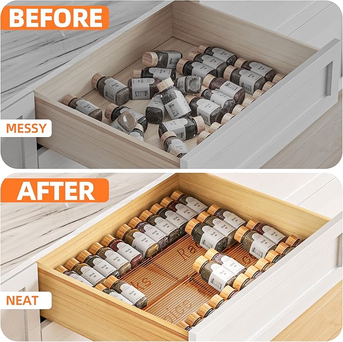Spice Drawer Organizer, 2 Tier- 2 Pack Amber Acrylic Drawer Seasoning Organizer, Expandable From 11'' to 22'' Kitchen Spice Rack Organizers and Storage for Drawer (Jars not included)