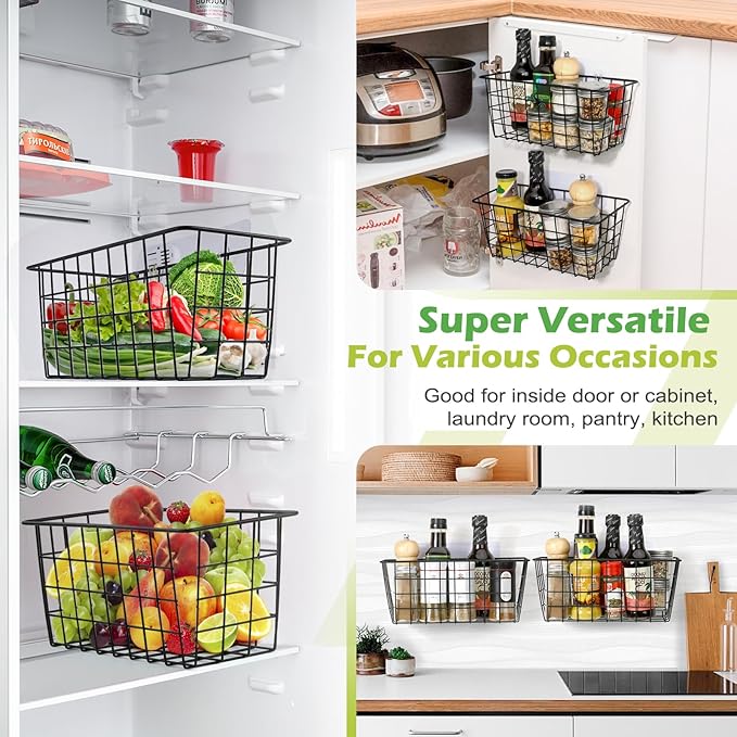 4 Pack Hanging Kitchen Baskets, Adhesive Wire Wall Storage Basket, No Drilling Hanging Fruit Baskets, Cabinet Door Organizer for Kitchen Bathroom Pantry, Upgrade Super-sized Adhesive (4)