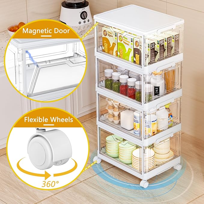 SNSLXH Portable Clear Storage Bins with Lid & Wheels, 24QT Clear Storage Bins with Lid, 4-Tier Plastic Bins with Wheels, Stackable, Magnetic Doors, for Bedroom, Living Room, Office