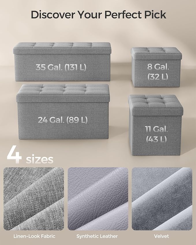 SONGMICS Mazie Collection - Small Folding Storage Ottoman, Foot Rest Stool, 12.2 x 16.1 x 12.2 Inches, 286 lb Load Capacity, for Living Room, Bedroom, Home Office, Dorm, Light Gray ULSF102G02