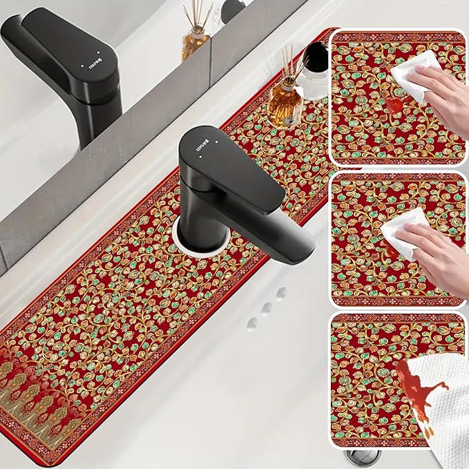Sink Splash Guard Faucet Mat Red Retro Boho Flowers Absorbent Fast Drying Mat Sink Gadgets Splash Guard Behind Faucet Drip Catcher for Kitchen Bathroom 23.5"X5.5"