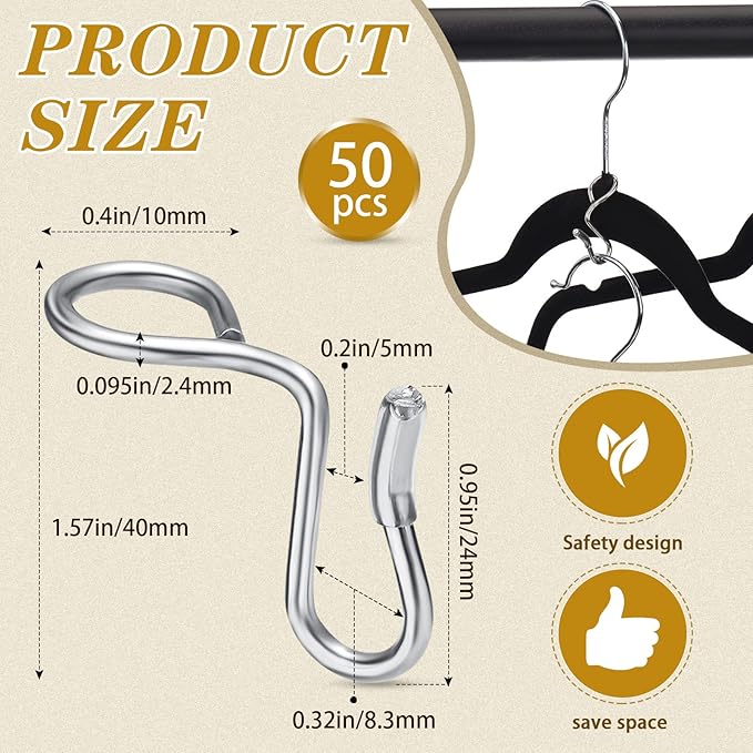 Sratte 50 Pieces Clothes Hanger Connector Hooks, Metal Clips Extender Hooks for Velvet Hangers Closet Space Saving(Silver,50 Pieces)