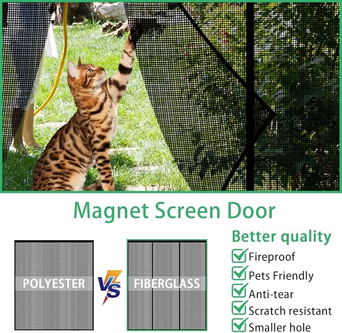 Magnetic Screen Door - Self Sealing Magnets, Reinforced Fiberglass Heavy Duty Mesh Net Closure for Sliding Door, Patio, Bedroom-Hands Free, Pets&Kids Friendly, Fit Doors Size Up to 72 x 80 Inch, Black