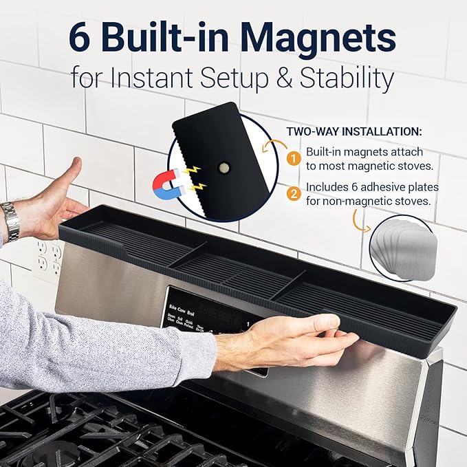 Silicone Magnetic Over the Stove Shelf for Back of Stove - Magnetic Stove Top Shelf and Over Stove Shelf, Over Oven Shelf for Top of Stove, Over the Stove Spice Rack, Includes 6 Extra Plates (Black)