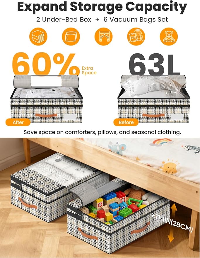 2-Pack Under Bed Storage with Wheels and 6 Vacuum Seal Bags, Adjustable Height 7.9"-10.2",63L Clear Lid Expandable Organizer for Bedding Blankets Clothes Shoes Toys, Space Saving Quick Assembly