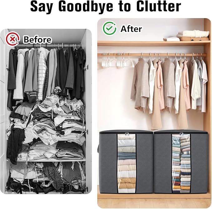 Clothes Storage Bags, 6-Pack Comforter Blanket Organizers, 80L Large Capacity Containers with Visual Window for Clothing, Quilt, Sheet, Pillow, Closet Organization for Bedding (Grey)
