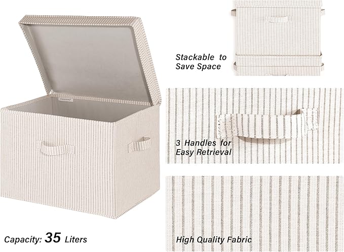 StorageWorks Fabric Storage Bins with Lid, Decorative Storage Boxes for Shelves, Stackable Closet Organizer Basket with Handles, Jumbo, Khaki and Beige Stripes, 2-Pack