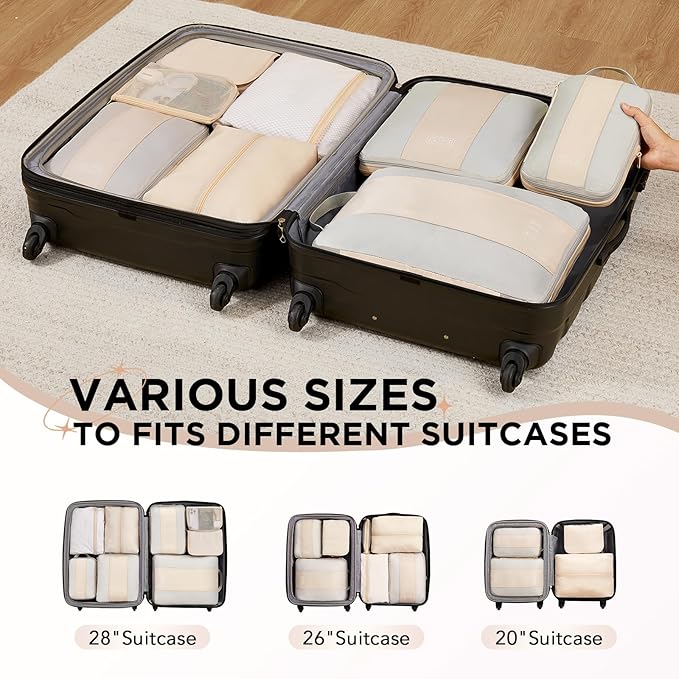 8 Set Compression Packing Cubes for Travel Gifts Women Mom,OlarHike Luggage Clothes Organizer for Travelers,Airplane/Cruise/Car/Train Travel Essentials,Compressible Expandable Saver Space Bags(Beige)