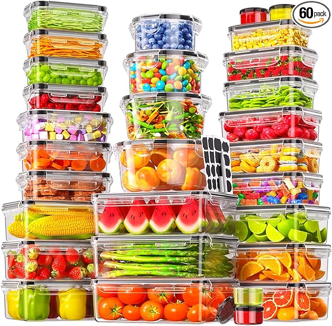 60 PCS Food Storage Containers with Lids Airtight, (30 Lids & 30 Containers) Leak proof Containers Set for Kitchen, Meal Prep, BPA-Free, PVC-Free Plastic, Microwave/Dishwasher Safe, Extra Labels & Pen