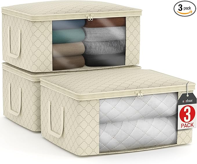 Sorbus Medium Clothes Storage Bags - Foldable Blanket Storage Bins for Organizing Bedroom, Closet, Clothing, Comforter, Organization with Clear Window, Lids and Carry Handles - Set of 3