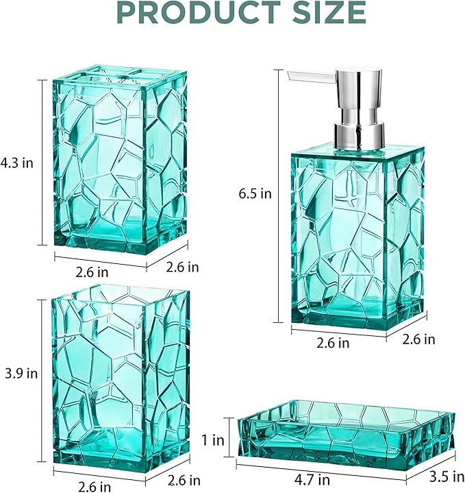 HBlife Bathroom Accessories Set, Teal Blue Acrylic Bathroom Counter Set with Toothbrush Holder, Soap Dispenser, Tumbler, Soap Dish, Turquoise Boho Modern Bathroom Decor, Ideal Gift Choice