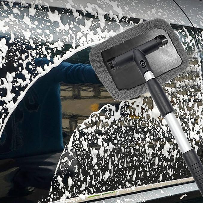 Ziciner Car Windshield Cleaner, Microfiber Auto Cleaning Wiper with Aluminum Extendable Handle and 2 Washable Reusable Cloth Pad Head, Universal Car Interior Exterior Cleaner Kit (Gray-Rectangle)