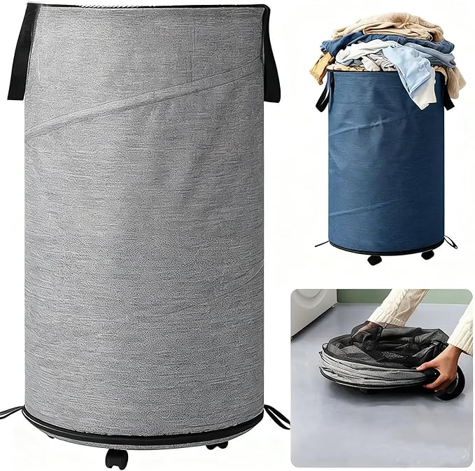 Large Laundry Basket，Waterproof, Freestanding Laundry Hamper, laundry baskets on wheels，Collapsible Tall Clothes Hamper with Extended Handles for Clothes Toys in the Dorm and Family-(72L) (grey)