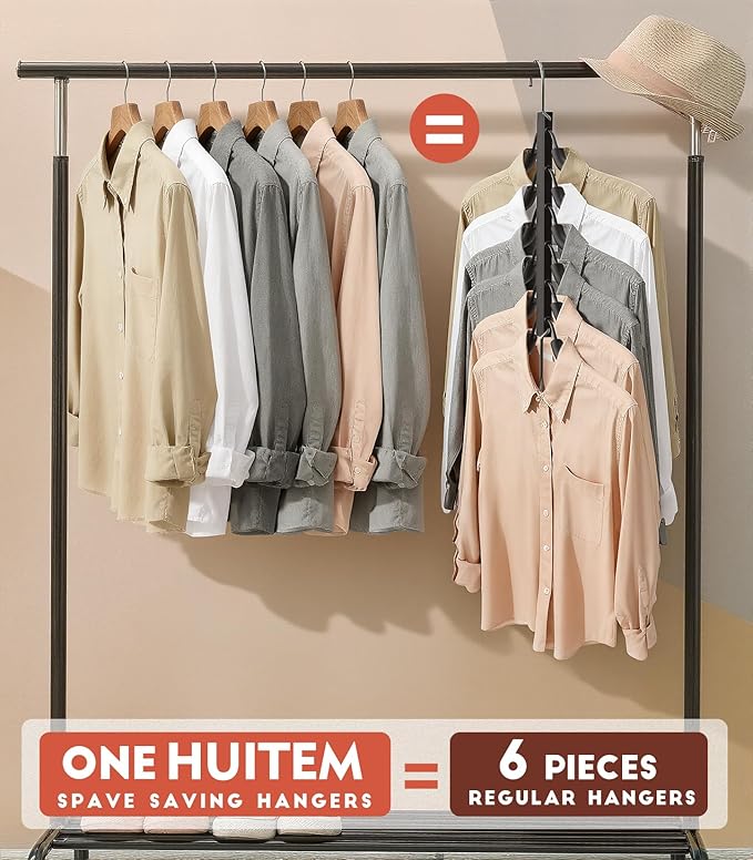HUITEM Clothes Hangers Space Saving 6 Tier Coat Hangers, Swing Arm Non Slip Padded Multi Sweater & T Shirt Hangers, 3 Packs Heavy Duty Stainless Steel Sweater Closet Organizers and Storage