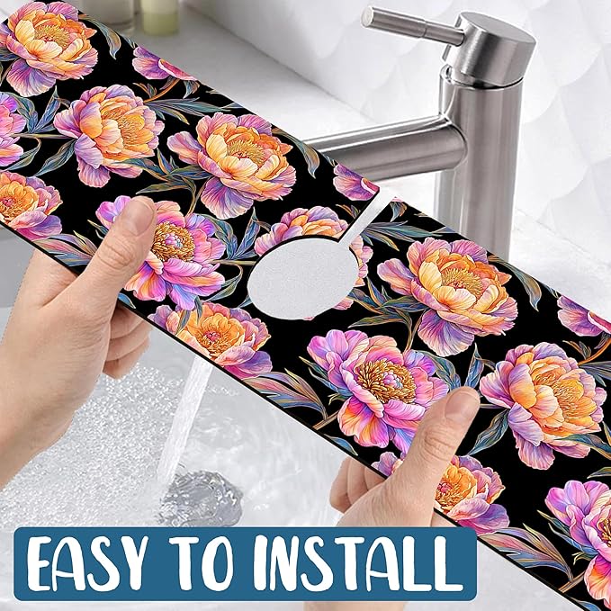 Colorful Peonies Sink Faucet Absorbing Mat Blooming Peonies Super Absorbent Fast Drying Mat Sink Gadgets Behind Faucet Sinkmat for Kitchen Bathroom, 23.5"x5.5"