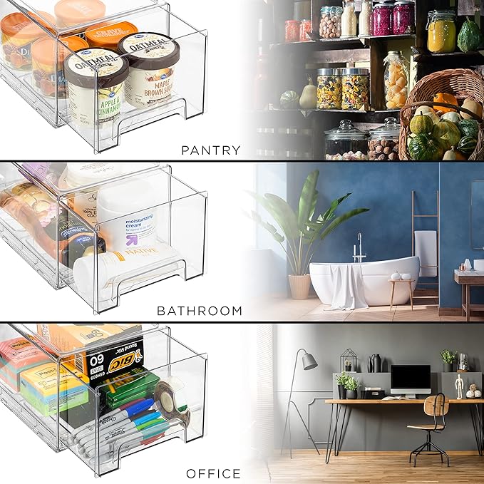 Sorbus Large Clear Storage Drawers (2 Pack) – Stackable Pull-Out Storage Bins with Handles, Slide Out Organizer Drawers for Pantry, Fridge, Kitchen – Stackable Acrylic Storage Bins