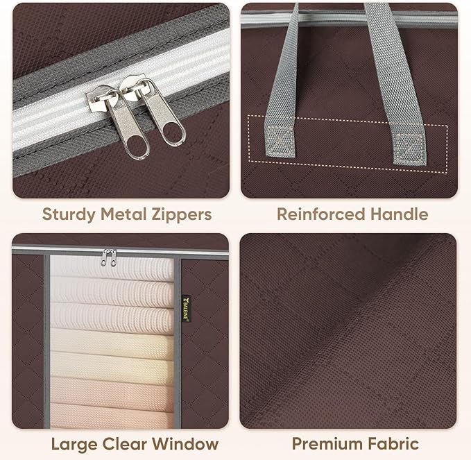 BALEINE 2 Pack Clothes Storage Bags, 24 Gallon Storage Containers with Reinforced Handle, Sturdy Zipper, Closet Organizer for Blanket, Comforter, Pillow, Bedding (Brown, 2 Pack)