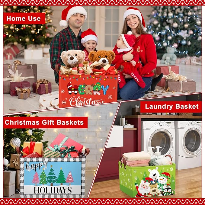 Boao 3 Pack Large Christmas Storage Baskets for Gifts Empty Collapsible Christmas Storage Bin with Handle, Xmas Canvas Laundry Basket for Home Bedroom Clothes Toys Closet Shelf Office Holiday Decor