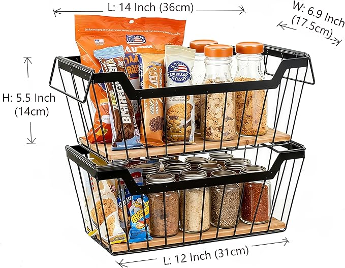 Metal Wire Basket with Handles Storage Organizer Stackable Organizing bins for Cabinet Shelf Countertop Under Sink Pantry for Kitchen,Bathroom,Laundry Closet,Set of 2pcs
