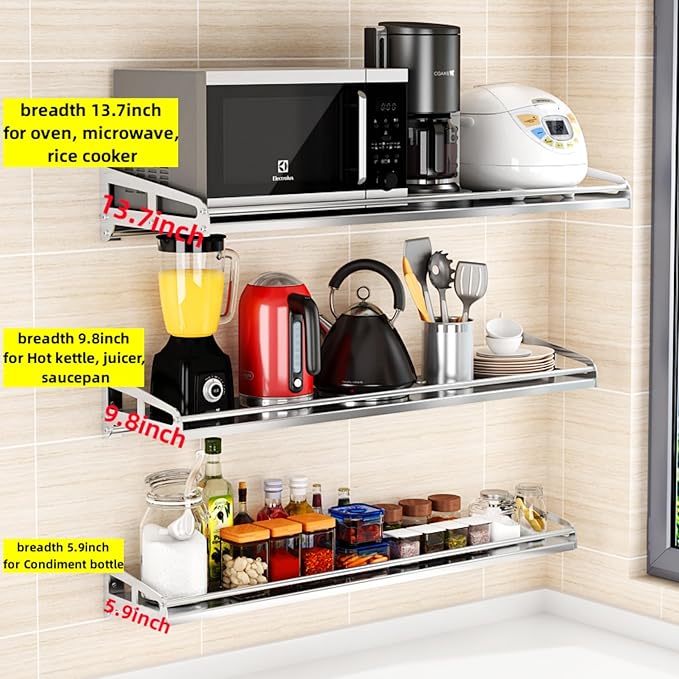 Floating Shelf 304 Stainless Steel Metal Heavy Duty Household Spice Rack Microwave Mounted Storage Rack for Kitchen Bedroom Bathroom (Length80CM*Wide25CM)