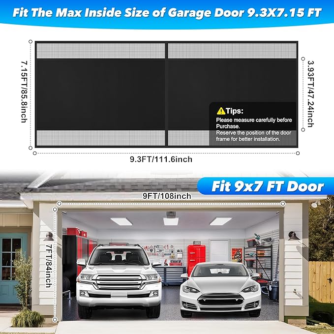 Privacy Garage Door Screen Blackout for 1 Car Garage-9x7FT Heavy Duty Magnetic Garage Screen,Thicker 265g/㎡ Mesh, Hands Free, Magnetic Privacy Garage Screen Door
