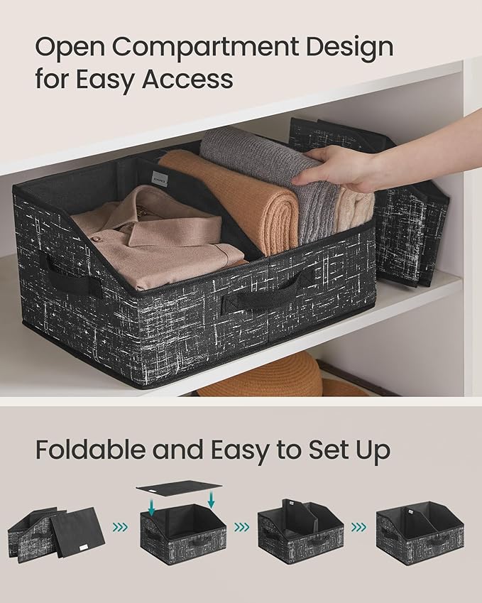 SONGMICS Set of 6 Storage Baskets, Foldable Storage Bins with Removable Dividers, Fabric Boxes, 15.7 x 11.8 x 7.9 Inches, Closet Organizers, 3 Handles, for Living Room, Ink Black URFB0140B01