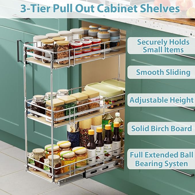 Pull Out Spice Rack Cabinet Organizer 8" W x 20½" D, 3 Tier Heavy Duty Slide Out Wood Shelf for Narrow Cabinet, Pull Out Storage for Kitchen