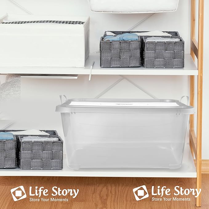 Life Story 18 Pack Light Duty Stackable Storage Bin, 55 Quart Home Organizer, Versatile Lightweight Locking Bins with Carrying Handles, Clear