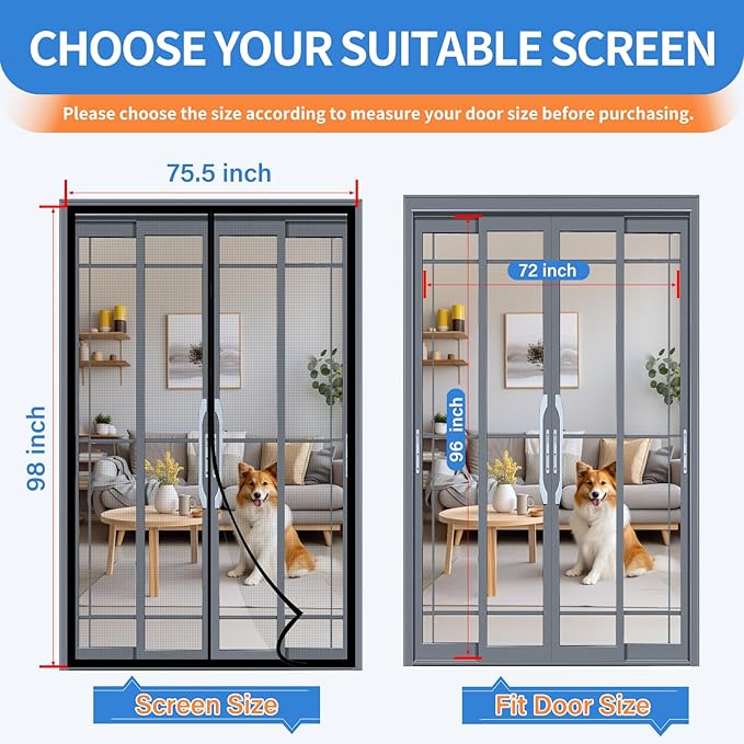 Upgraded PET Mesh Magnetic Screen Door Stronger Than Fiberglass and Polyester,Hands Free,Keep Bugs Out,Pet & Kid Friendly,Suitable for Sliding Doors,Patio and French Doors-72" X 96"