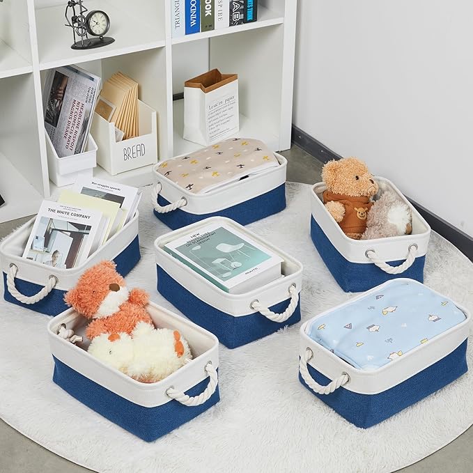 Bidtakay Small Canvas storage baskets with Handles [6 Pack] Navy Blue Fabric Storage Bins 11.8 x 7.8 x 5 inches Decorative storage baskets for Shelves, Closet, Nursery (White&Blue)