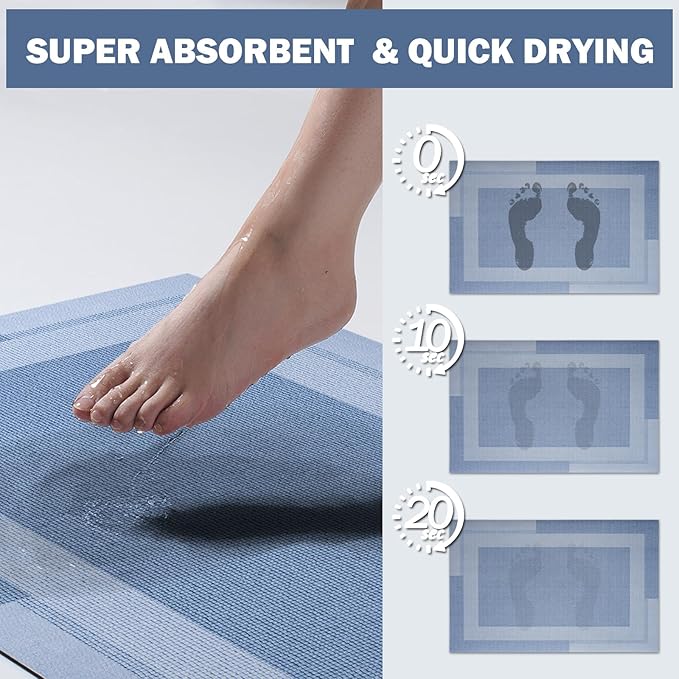 YDKGL Extra Long Non Slip Bathroom Runner Bath Mat, Rubber Backing Ultra Thin Bath Rug Fit Under Door Quick Dry Super Absorbent Washable Shower Mat for Bathroom Floor Bathtub Sink, Blue 24"x70"