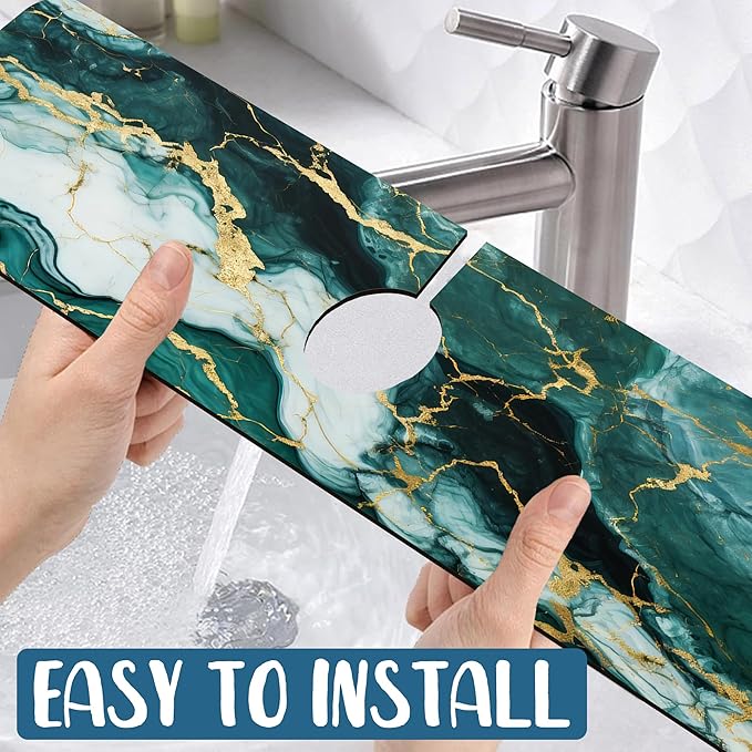 Green Marble Sink Splash Guard Faucet Mat Liquid Gold Marble Super Absorbent Fast Drying Mat Sink Gadgets-Splash Guard Behind Faucet Drip Catcher for Kitchen Bathroom, 23.5"x5.5"