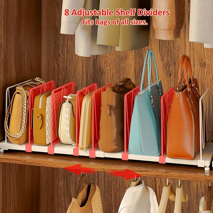 Extendable Purse Organizers Purse Storage. Length 16-28 in. Bag Organizer Purse Holder for Closet with 8 Adjustable Shelf Dividers Patent Pending