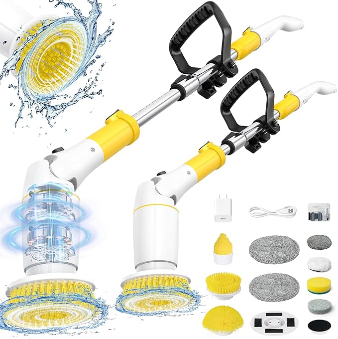 StarVal Electric Spin Scrubber, Cordless Cleaning Brush Shower Scrubber Up to 550 RPM with 9 Replaceable Brush Heads, Bathroom Scrubber Adjustable Extension Handle for Bathroom Kitchen Car (Yellow)