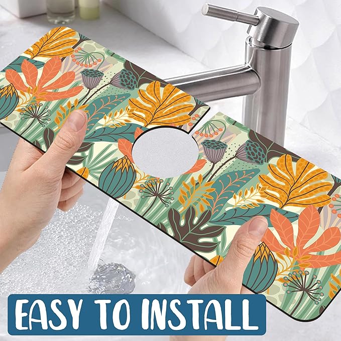 Abstract Leaves Sink Faucet Absorbing Mat Boho Leaves Super Absorbent Fast Drying Mat Sink Gadgets Behind Faucet Sinkmat for Kitchen Bathroom, 15.5"x5.5"