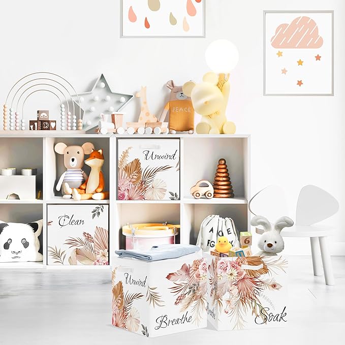 Clastyle Flower Storage Basket Set with Metal Frame Leaves Plants Foldable Closet Clothes Organizer Decorative Nursery Toddler Toy Bin Women Girl Book Shelf Basket, Boho, 11.8x11.8x11.8 in