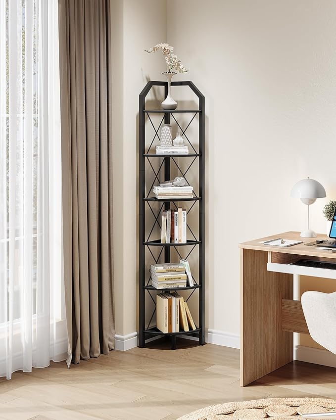 6-Tier Corner Shelf, Industrial Corner Bookshelf, 71.2" Display Storage Stand, Plant Stand Display Shelf, Tall Bookcase for Bedroom, Living Room, Home Office, Black TCJ11BB