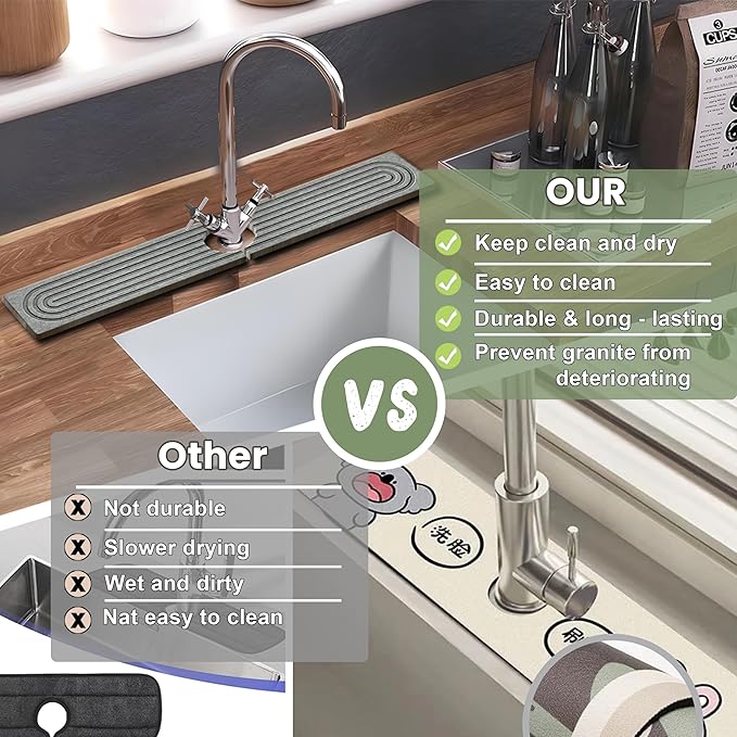 Faucet Mat for Kitchen Sink,15.7" Diatomite Stone Drying Mat,Quick Drying Splash Guard,Super Absorbent.Kitchen ,Bathroom Sink Splash Guard, Durable Countertop Protection(Darkgrey)