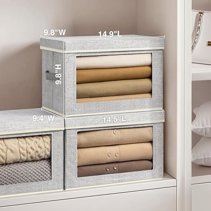 Stackable Storage Bins with Lids - Medium Storage Box with Lids, Foldable Storage Bins, Wardrobe Clothes Organizer with Window, Cubes Storage Bins for Living Room, 6 Pack, Blended
