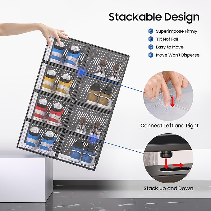 eWonLife X-Large Shoe Boxes with Magnetic Door, 12-Pack Stackable Shoes Storage Organizer for Closet, Clear Plastic Sneaker Container Shoe Rack for Size 12, Black