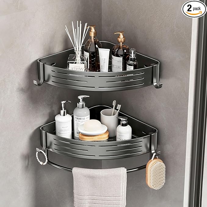 Corner Shower Caddy， 2 Pack Adhesive Shelf Corner with Towel Bar Hooks No Drilling Waterproof Rust Proof Organizer for Bathroom Storage