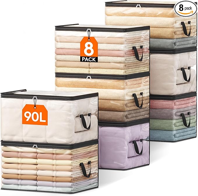 Lifewit 90L Large Clear Clothes Storage Bags, 8 Pack Plastic Comfort Blanket Storage, Vinyl Foldable Moving Bags with Zipper and Reinforced Handles, Closet Organizers Containers for Bedding, Duvet