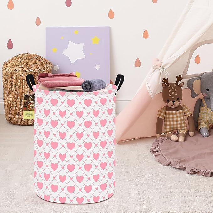 HUNRUNG Laundry Hamper,Large Canvas Fabric Lightweight Storage Basket Toy Organizer Dirty Clothes Collapsible Waterproof for College Dorms（Round-Heart）