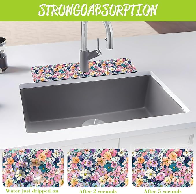 Sink Faucet Absorbing Mat Cute Flowers Sink Splash Guard Drying Mat for Kitchen Bathroom Faucet Sinkmat 23.5"X5.5"