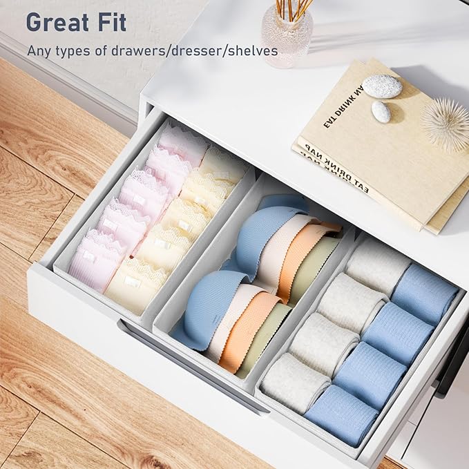 DIMJ Drawer Organizer Clothes - Underwear Organizer Small Sock Organizer Box Dresser Organizer,Drawer Dividers for Baby Clothes,Bra,Socks, Belt, Tie, Set of 6,White
