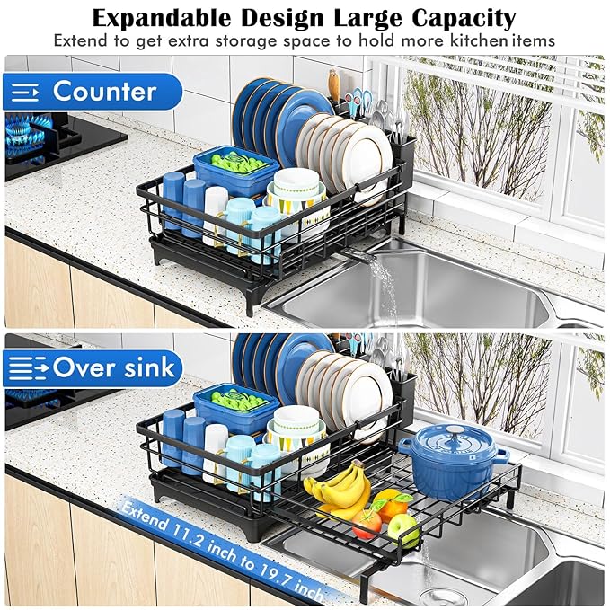 Storico Large Dish Drying Rack - Extendable Dish Rack, Dish Drainer for Kitchen Counter, Dish Drainer with Adjustable Support Legs & Utensil Holder, Black