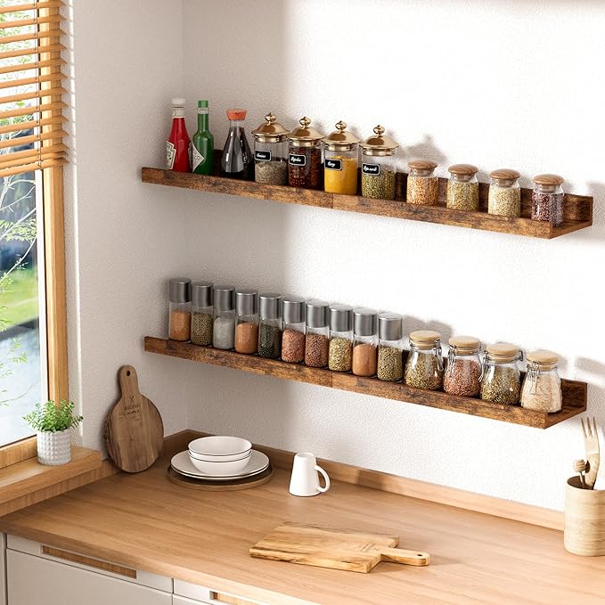 upsimples Floating Shelves for Wall, Wall Shelves for Decor Storage Set of 6, Wall Mounted Wood Shelf for Bedroom, Living Room, Bathroom, Kitchen, Picture Ledge Shelf, Brown