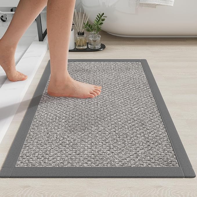 YDKGL Non Slip Bath Mat Bathroom Rugs, Soft Jute-Like Ultra Thin Bath Mats, Rubber Backing Super Absorbent Quick Dry Bath Rug Shower Mat Fit Under Door Bathroom Floor, Machine Washable, Gray 24" x 36"